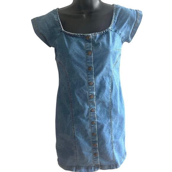 Y2K Button Front Mini Dress M Cap Sleeve Stretch Jean Bodycon Coquette Soft Girl - Picture 1 of 5